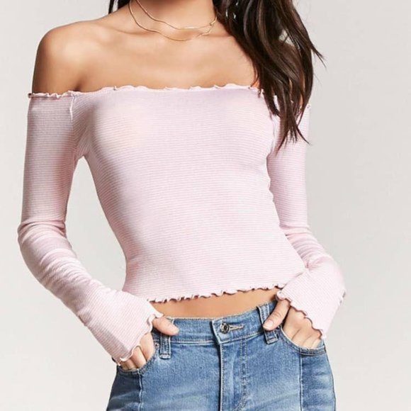 Forever 21 Tops - Bundle! White / pink striped long-sleeve crop top